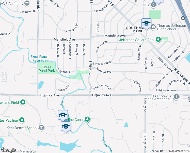map of restaurants, bars, coffee shops, grocery stores, and more near 4225 South Eudora Street in Englewood