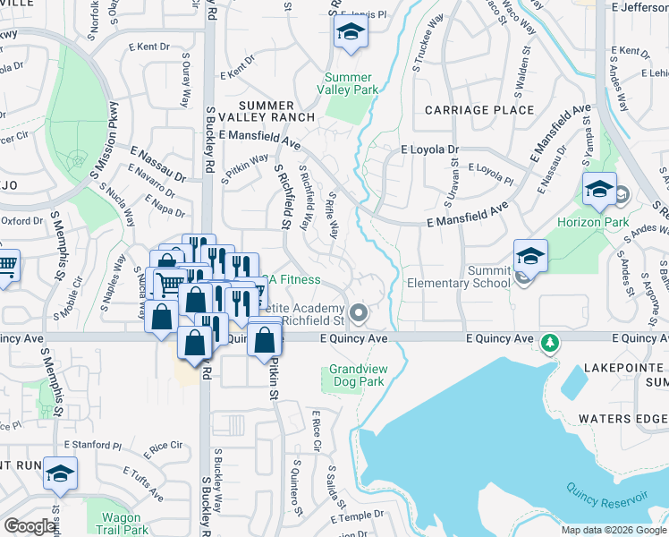 map of restaurants, bars, coffee shops, grocery stores, and more near 4238 South Richfield Street in Aurora