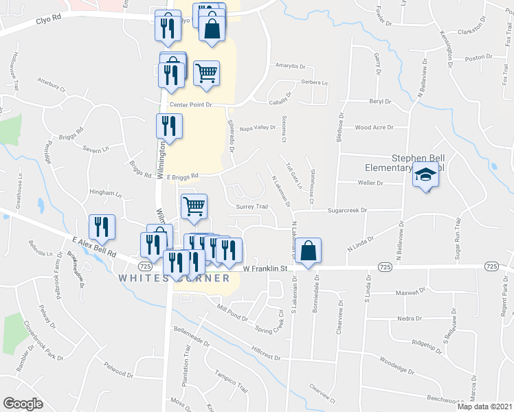 map of restaurants, bars, coffee shops, grocery stores, and more near 1878 Surrey Trail in Bellbrook
