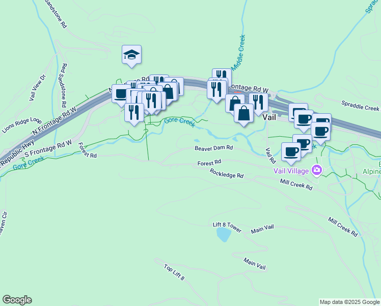 map of restaurants, bars, coffee shops, grocery stores, and more near 385 West Forest Road in Vail