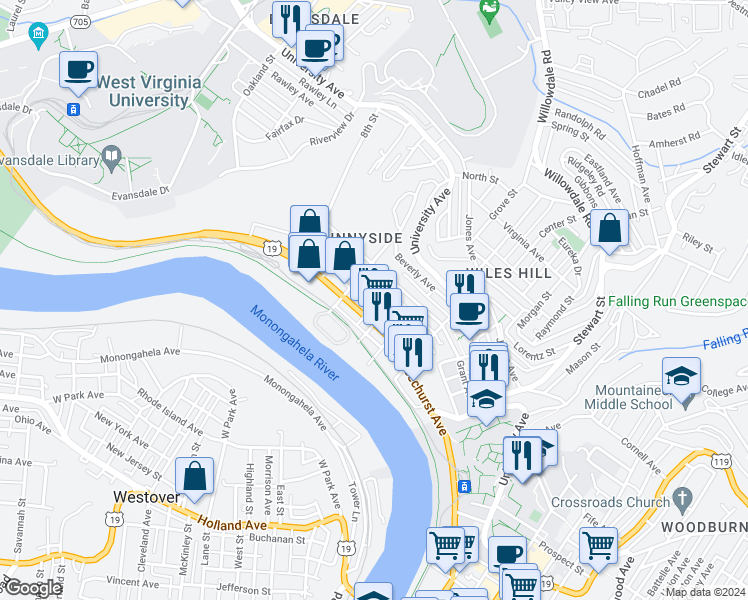 map of restaurants, bars, coffee shops, grocery stores, and more near 501 McLane Avenue in Morgantown