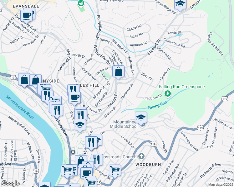 map of restaurants, bars, coffee shops, grocery stores, and more near 438 Stewart Street in Morgantown