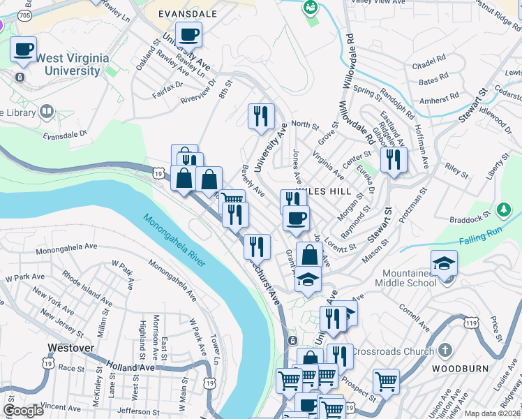 map of restaurants, bars, coffee shops, grocery stores, and more near 340 Grant Avenue in Morgantown