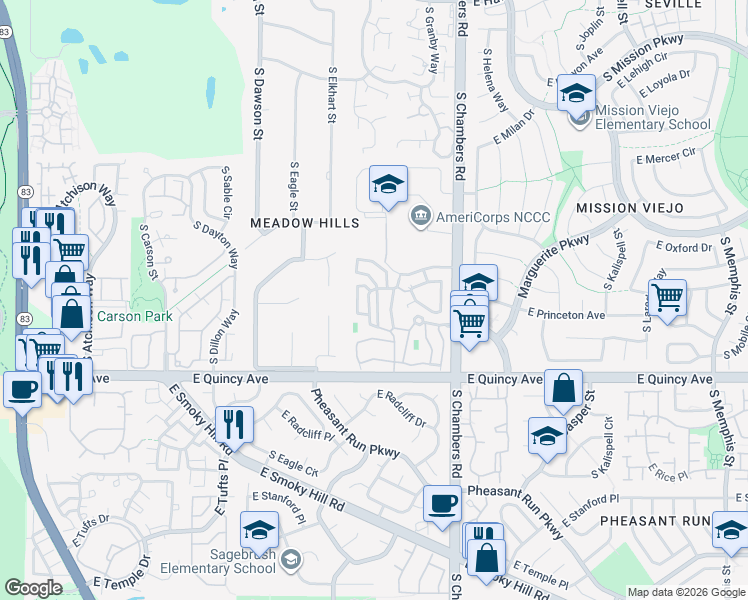 map of restaurants, bars, coffee shops, grocery stores, and more near 4161 South Fraser Court in Aurora