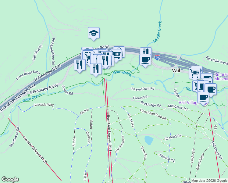 map of restaurants, bars, coffee shops, grocery stores, and more near 487-551 Forest Rd in Vail