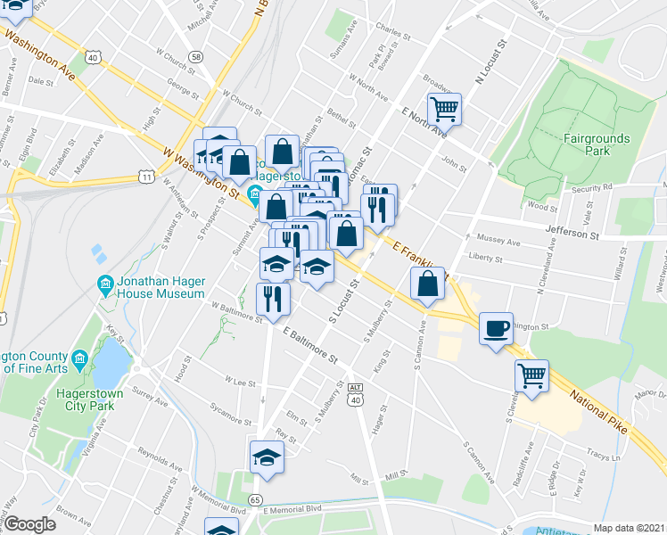 map of restaurants, bars, coffee shops, grocery stores, and more near 31 East Washington Street in Hagerstown