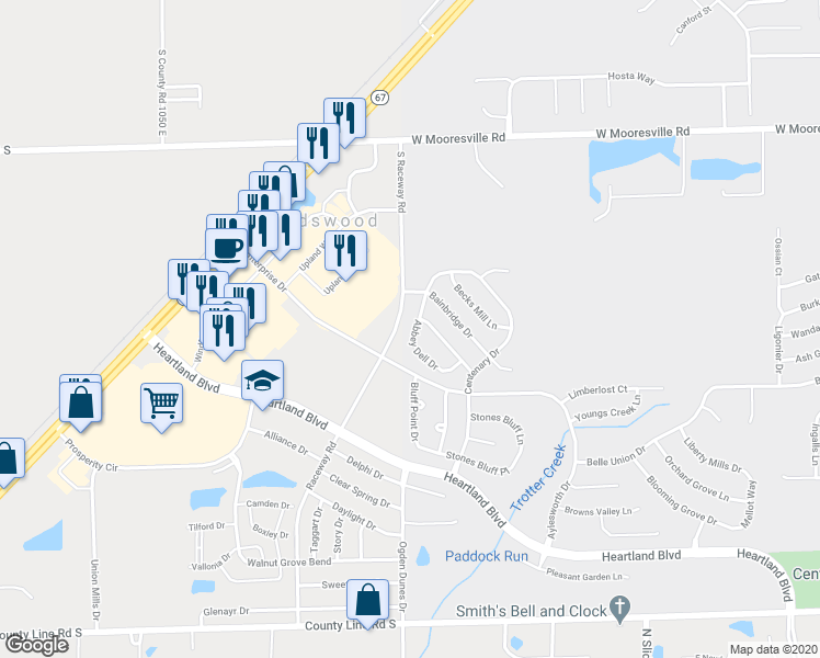 map of restaurants, bars, coffee shops, grocery stores, and more near 8410 Abbey Dell Drive in Indianapolis