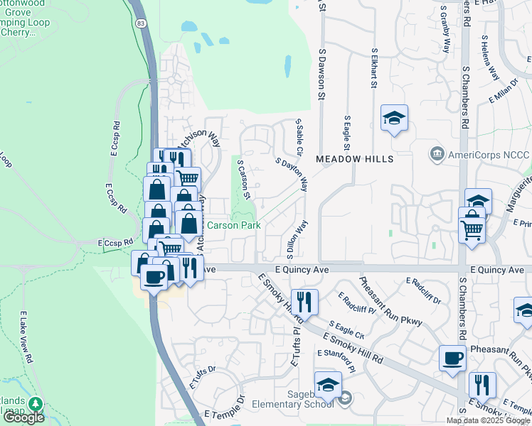 map of restaurants, bars, coffee shops, grocery stores, and more near 4172 South Cimarron Way in Aurora