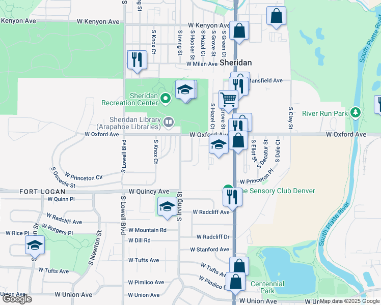 map of restaurants, bars, coffee shops, grocery stores, and more near 4172 South Hooker Street in Denver