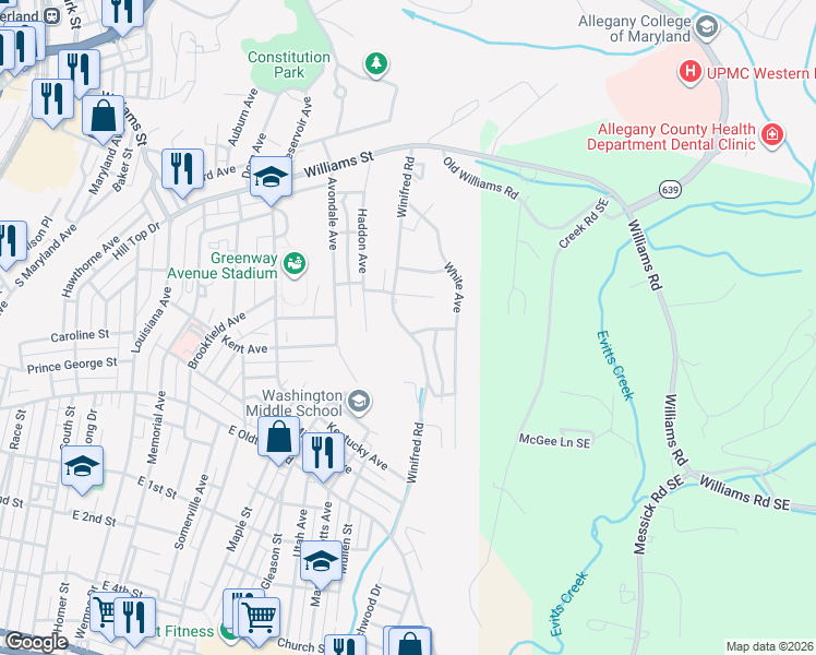 map of restaurants, bars, coffee shops, grocery stores, and more near 801 Winifred Road in Cumberland