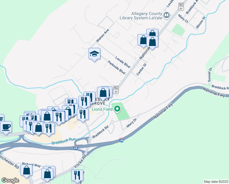 map of restaurants, bars, coffee shops, grocery stores, and more near 1064 National Highway in La Vale