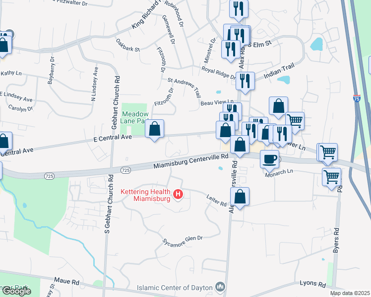 map of restaurants, bars, coffee shops, grocery stores, and more near 1917 East Central Avenue in Miamisburg