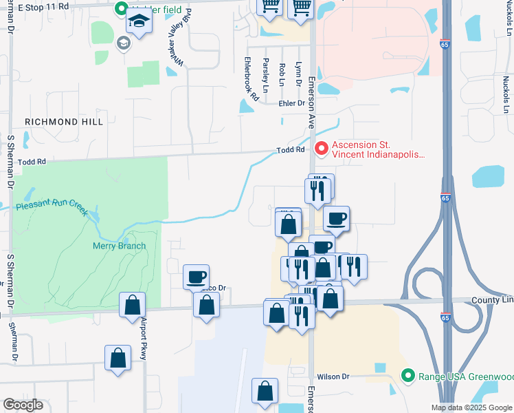 map of restaurants, bars, coffee shops, grocery stores, and more near 4900 East County Line Road in Indianapolis