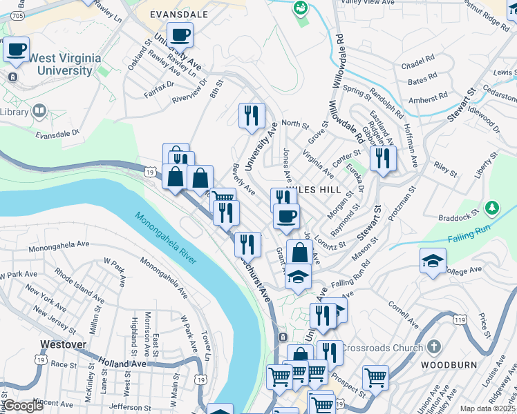 map of restaurants, bars, coffee shops, grocery stores, and more near 306 Grant Avenue in Morgantown