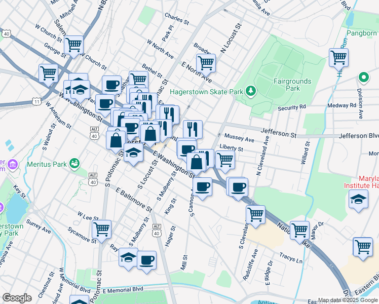 map of restaurants, bars, coffee shops, grocery stores, and more near 42 South Mulberry Street in Hagerstown