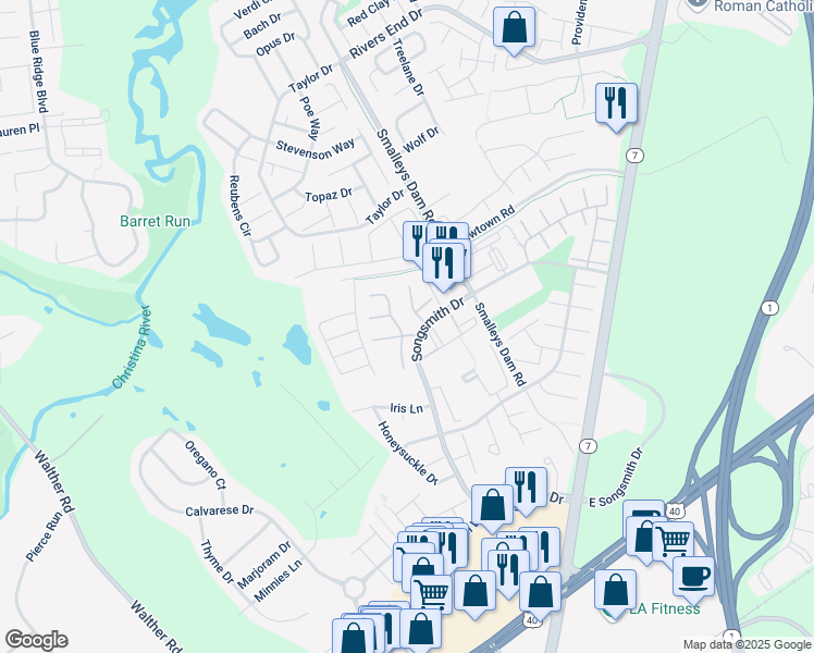 map of restaurants, bars, coffee shops, grocery stores, and more near 4 North Merriment Drive in Newark