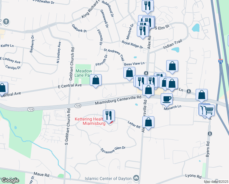 map of restaurants, bars, coffee shops, grocery stores, and more near 1917 East Central Avenue in Miamisburg