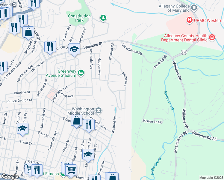 map of restaurants, bars, coffee shops, grocery stores, and more near 801 Winifred Road in Cumberland