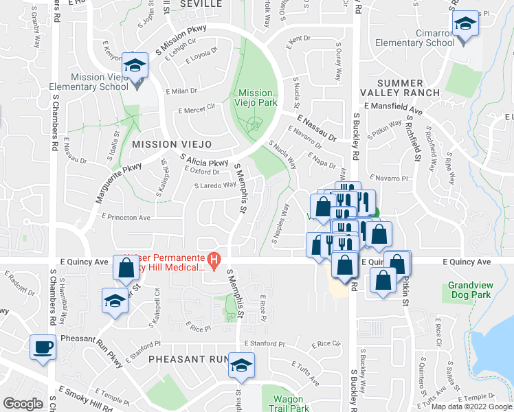 map of restaurants, bars, coffee shops, grocery stores, and more near 4177 South Mobile Circle in Aurora