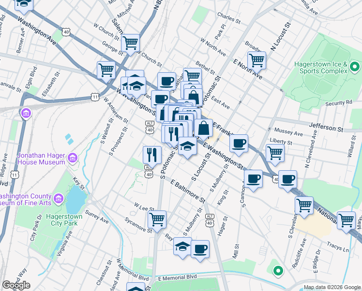 map of restaurants, bars, coffee shops, grocery stores, and more near 36 South Potomac Street in Hagerstown