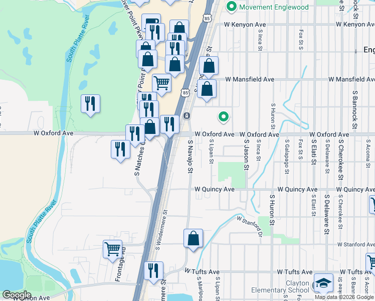 map of restaurants, bars, coffee shops, grocery stores, and more near 4101 South Navajo Street in Englewood