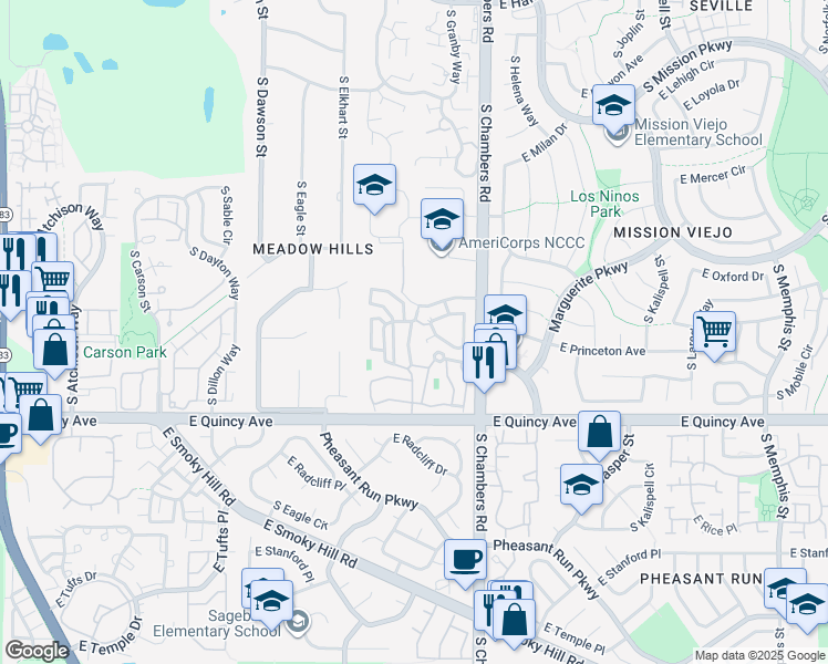 map of restaurants, bars, coffee shops, grocery stores, and more near 4136 South Granby Court in Aurora