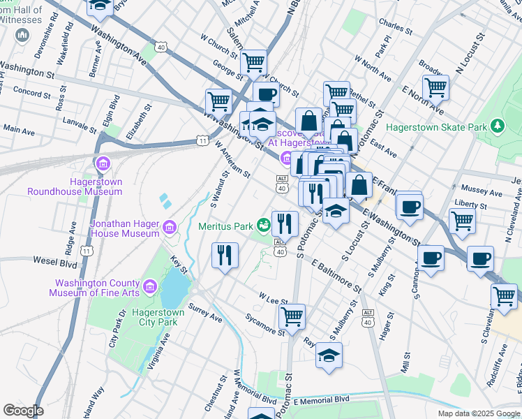 map of restaurants, bars, coffee shops, grocery stores, and more near 135 Summit Avenue in Hagerstown