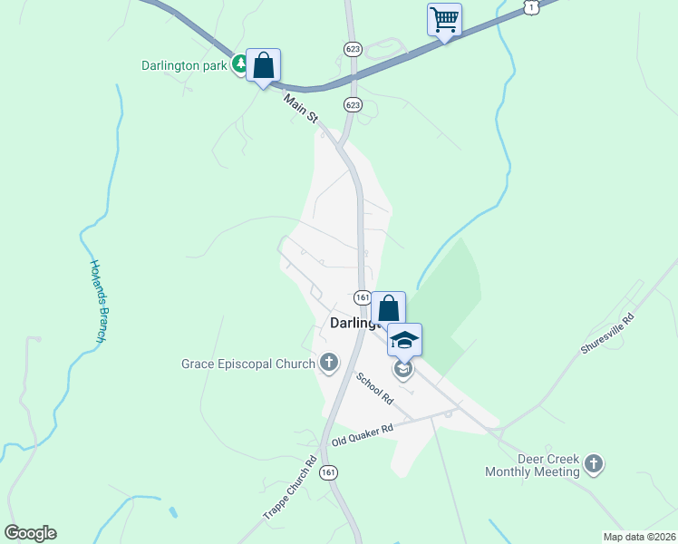 map of restaurants, bars, coffee shops, grocery stores, and more near 2119 Swartz Road in Darlington