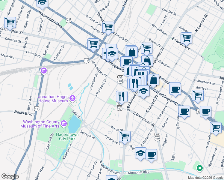 map of restaurants, bars, coffee shops, grocery stores, and more near 133 Summit Avenue in Hagerstown