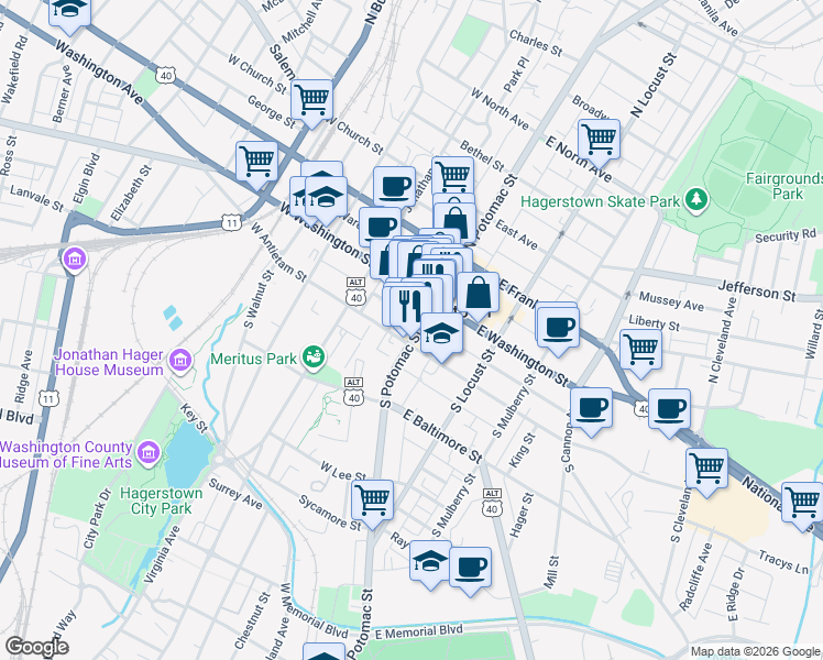 map of restaurants, bars, coffee shops, grocery stores, and more near 41 1/2 South Potomac Street in Hagerstown