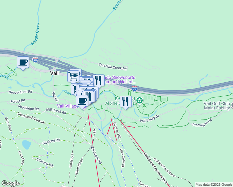 map of restaurants, bars, coffee shops, grocery stores, and more near in Vail