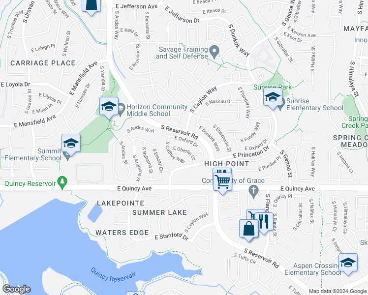 map of restaurants, bars, coffee shops, grocery stores, and more near 4214 South Cathay Way in Aurora