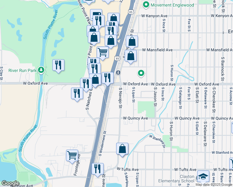 map of restaurants, bars, coffee shops, grocery stores, and more near 4141 South Navajo Street in Englewood