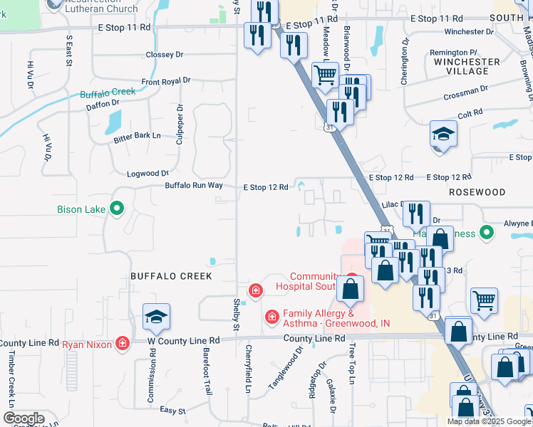 map of restaurants, bars, coffee shops, grocery stores, and more near 8615 Shelby Street in Indianapolis