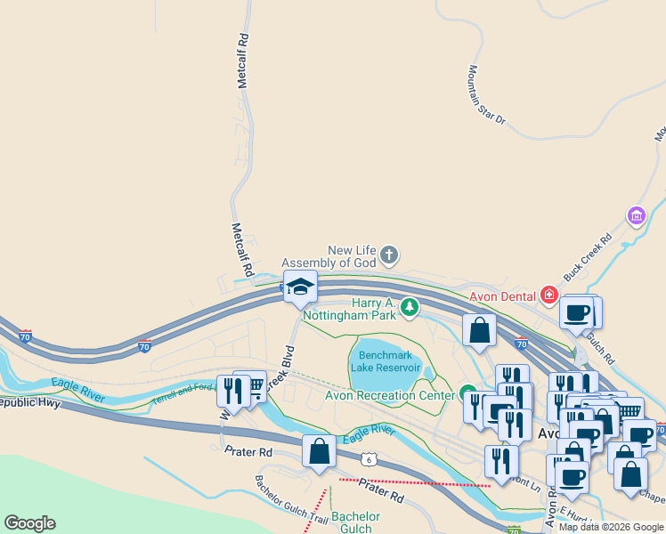 map of restaurants, bars, coffee shops, grocery stores, and more near 600 Nottingham Road in Avon