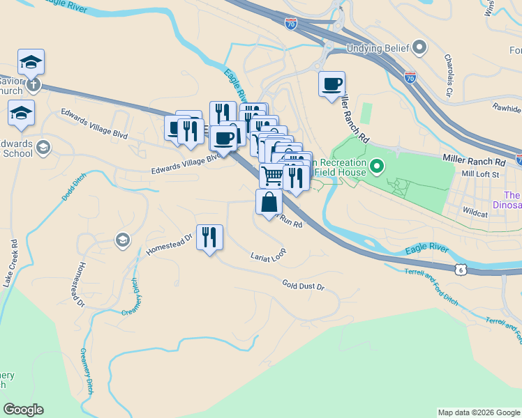 map of restaurants, bars, coffee shops, grocery stores, and more near 600 Lariat Loop in Edwards