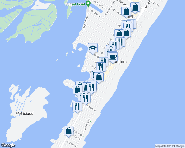 map of restaurants, bars, coffee shops, grocery stores, and more near 2301 Central Avenue in Ship Bottom
