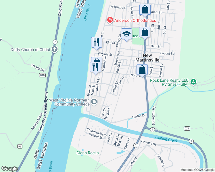 map of restaurants, bars, coffee shops, grocery stores, and more near 222 Umstead Ln in New Martinsville