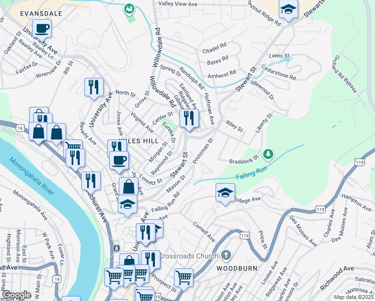 map of restaurants, bars, coffee shops, grocery stores, and more near 580 Stewart Street in Morgantown