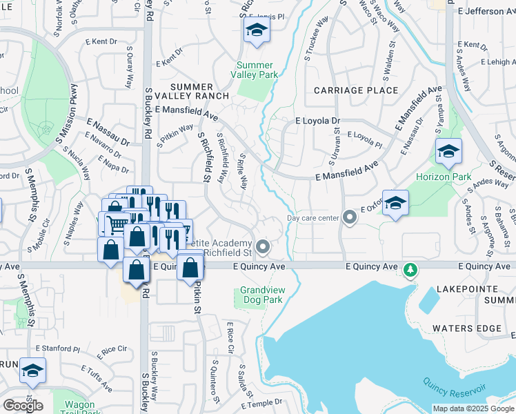 map of restaurants, bars, coffee shops, grocery stores, and more near 4180 South Richfield Way in Aurora