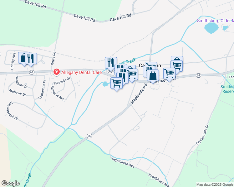 map of restaurants, bars, coffee shops, grocery stores, and more near 22401 Jefferson Boulevard in Smithsburg