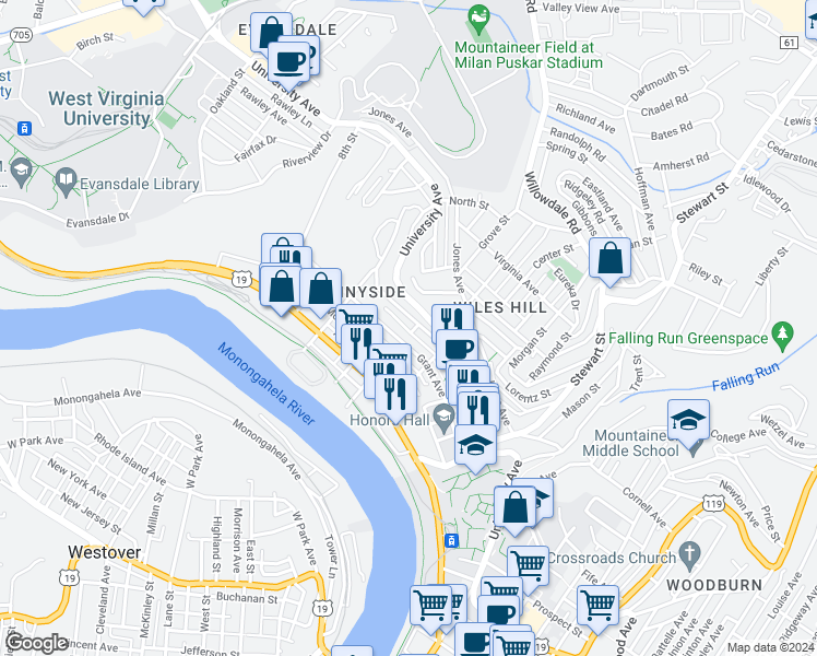 map of restaurants, bars, coffee shops, grocery stores, and more near 311 4th Street in Morgantown