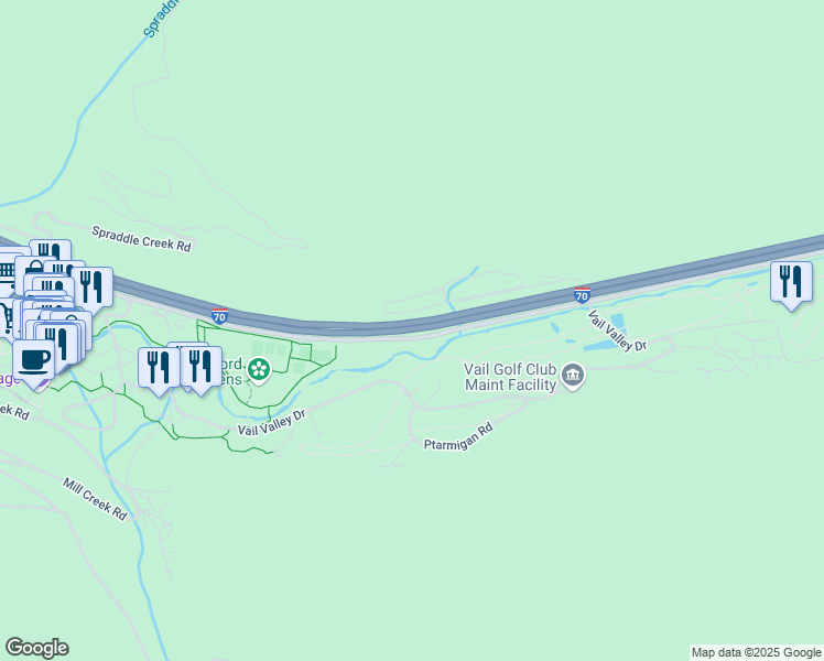 map of restaurants, bars, coffee shops, grocery stores, and more near Grand Army of the Republic Hwy in Vail