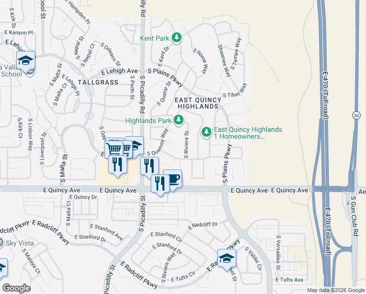 map of restaurants, bars, coffee shops, grocery stores, and more near 4101 South Riviera Street in Aurora
