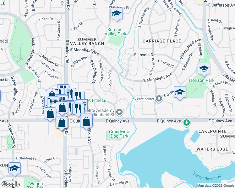 map of restaurants, bars, coffee shops, grocery stores, and more near 4180 South Richfield Way in Aurora