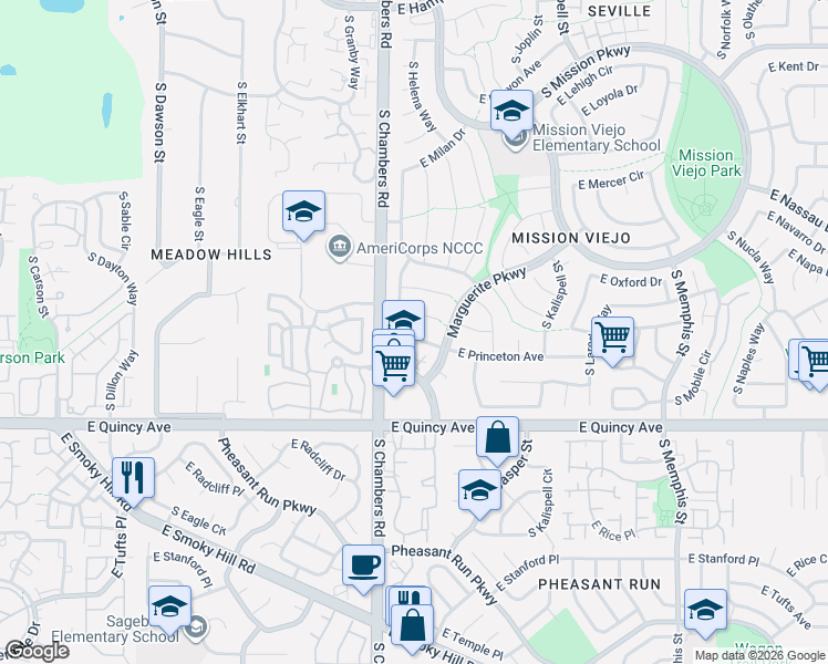 map of restaurants, bars, coffee shops, grocery stores, and more near 4147 South Hannibal Street in Aurora