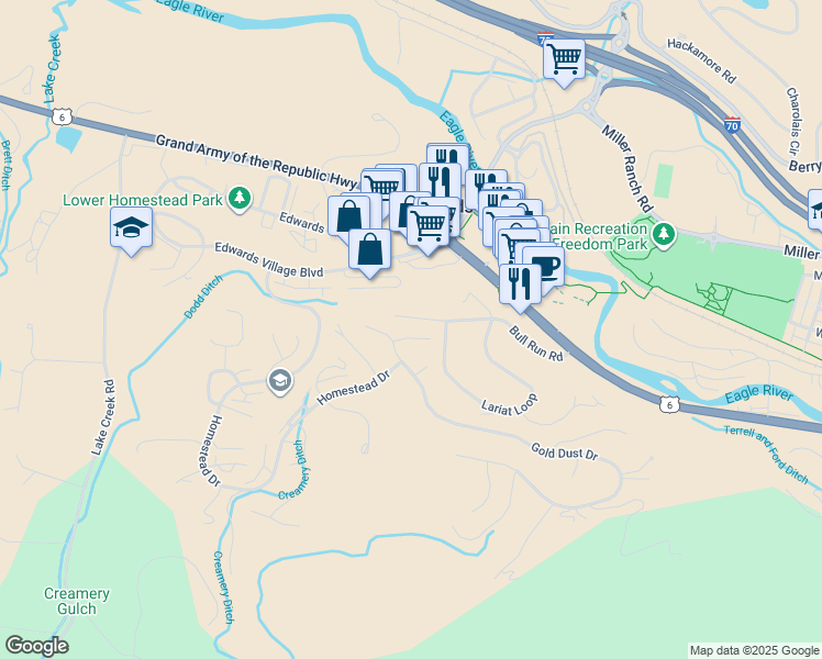 map of restaurants, bars, coffee shops, grocery stores, and more near 210 Edwards Village Boulevard in Edwards