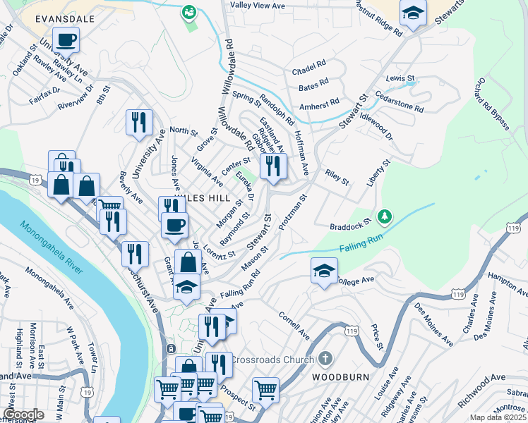 map of restaurants, bars, coffee shops, grocery stores, and more near 580 Stewart Street in Morgantown