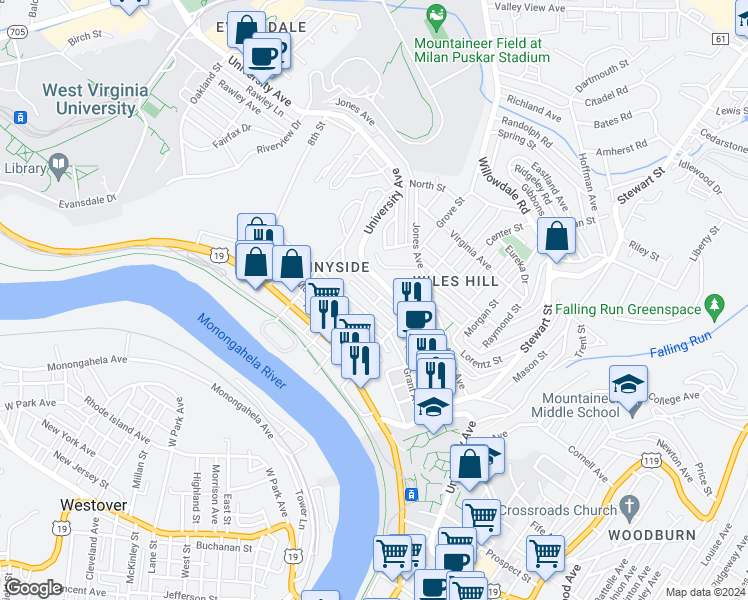 map of restaurants, bars, coffee shops, grocery stores, and more near 313 4th Street in Morgantown