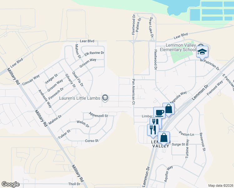 map of restaurants, bars, coffee shops, grocery stores, and more near 9355 Pan American Drive in Reno